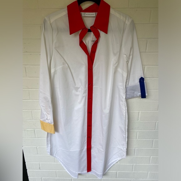 NWT NEW YORK & Co. White button down Tunic Shirt Red Yellow & Blue Cuffs Sz M - Picture 6 of 16
